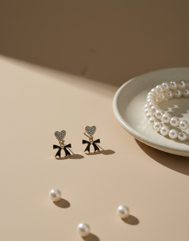 Gold-Plated Heart and Bow Stud Earrings