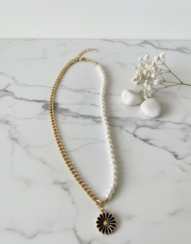 Half Pearl Half Chain Necklace with Black Daisy Pendant