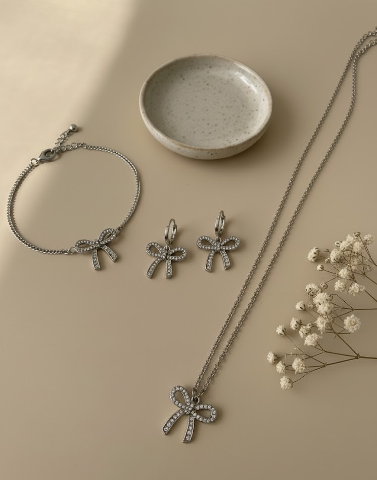 3-Piece Crystal Bow Jewelry Set | Necklace, Bracelet & Huggie Earrings