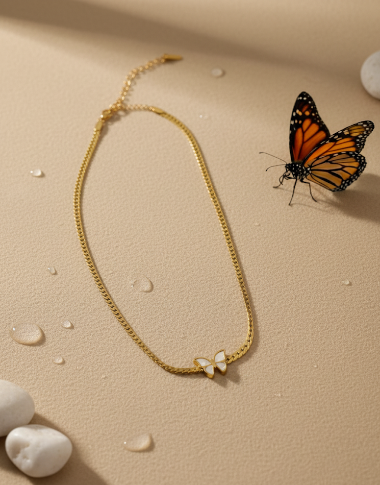 Minimalist Gold Flat Chain Necklace with White Butterfly Charm