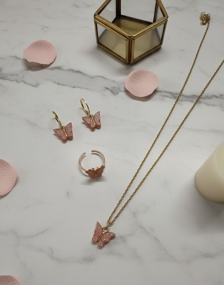 3-Piece Glitter Butterfly Jewelry Set | Gold Tone Necklace, Ring & Huggie Earrings