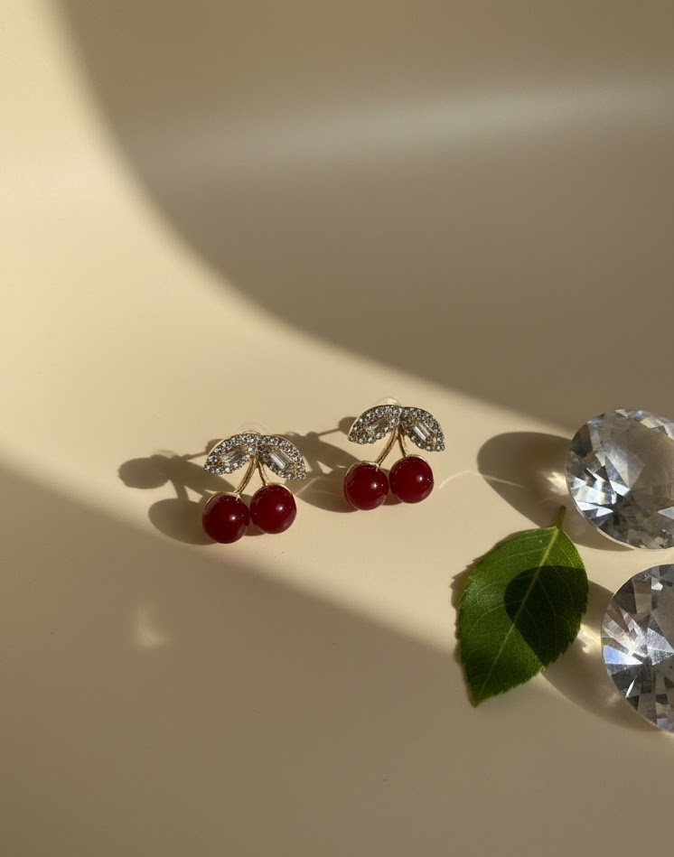 Cherry Stud Earrings with Red Beads & Crystal Leaves