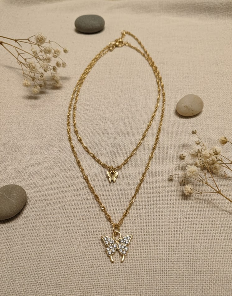Layered Gold Butterfly Pendant Necklace