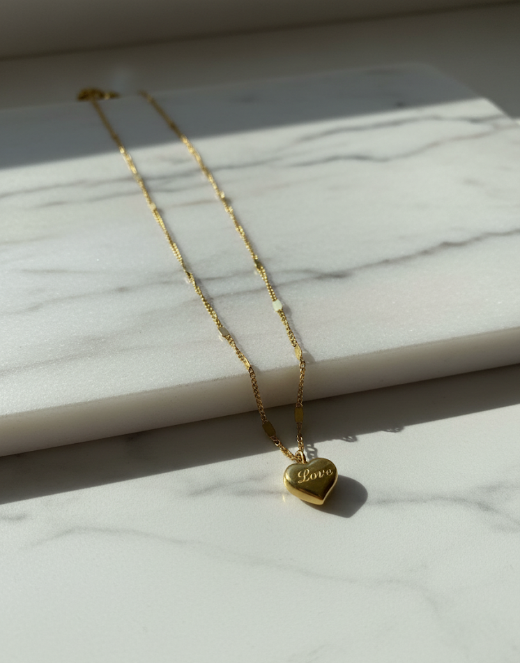 Romantic Gold Tone Puffy Heart Charm Necklace for Women