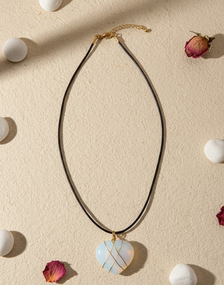 Opalite Heart Pendant Necklace with Black Cord & Gold Detailing