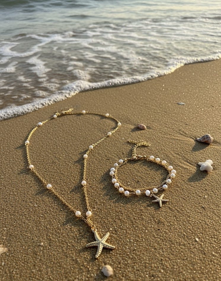 Gold Starfish Pearl Necklace & Bracelet Set