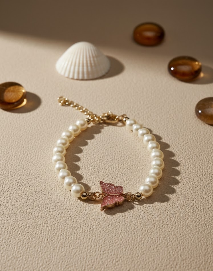 Elegant Pearl Bracelet with Pink Butterfly Charm