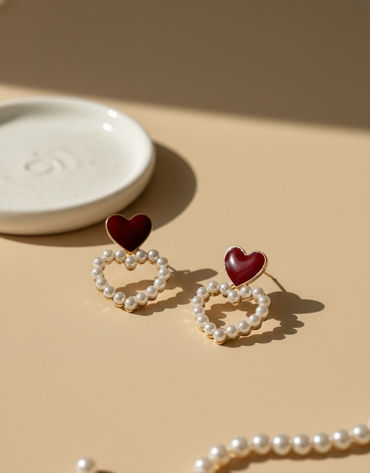 Red Heart and Pearl Hoop Earrings