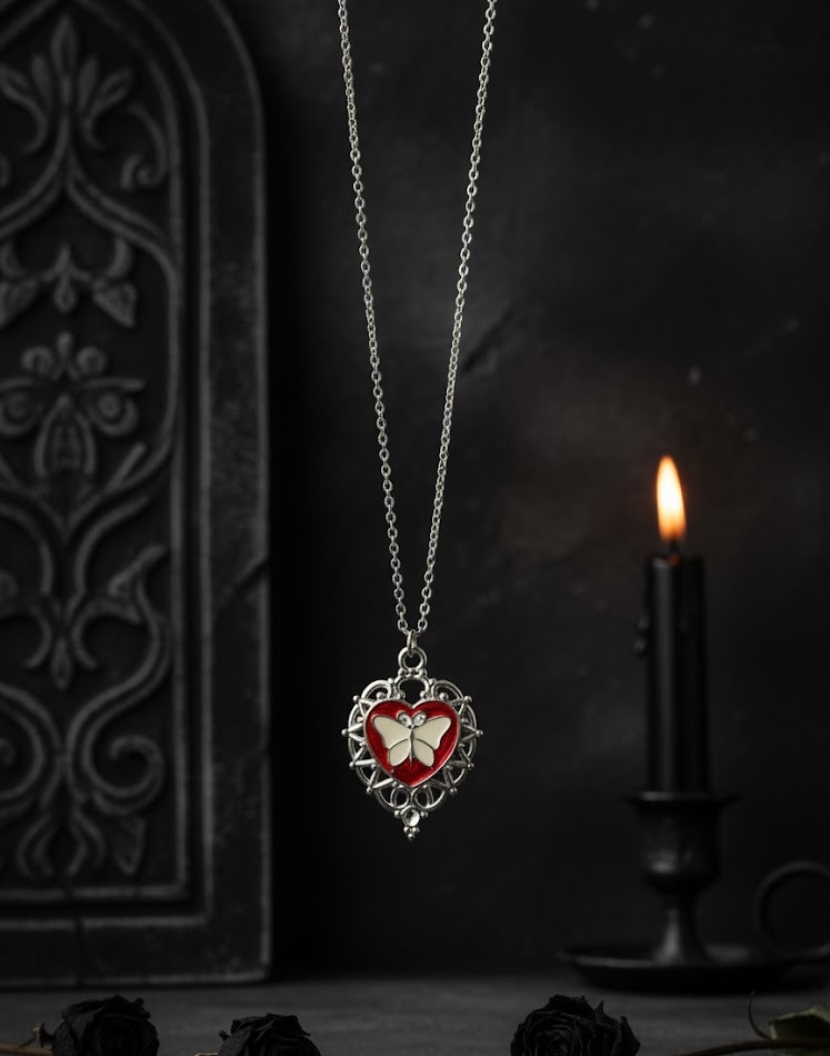 Crimson Heart Butterfly Pendant Necklace