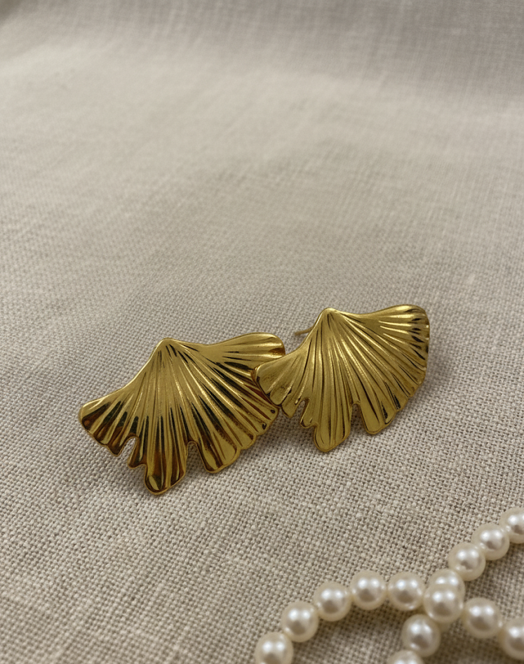 Gold Textured Fan Leaf Earrings – Elegant Statement Studs for Women