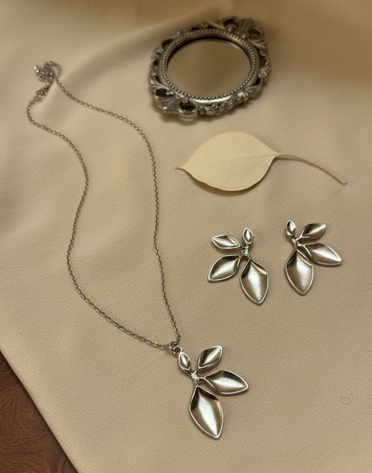 Silver Leaf Necklace & Earring Set