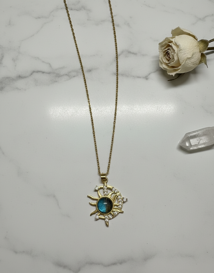 Gold Starburst Pendant Necklace | Celestial Blue Gemstone Jewellery