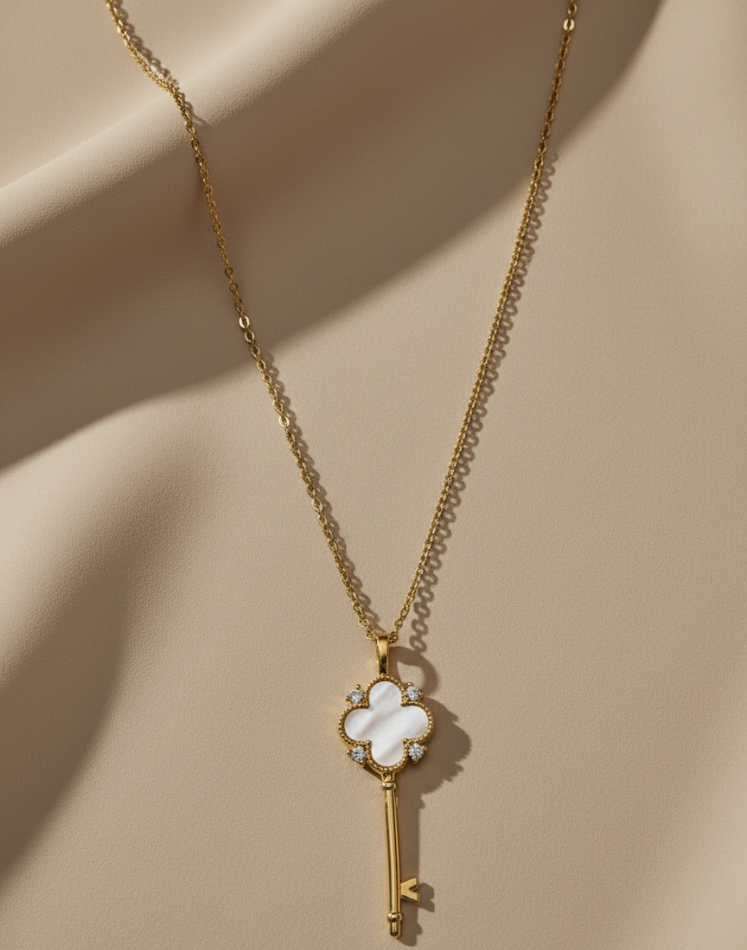 Gold Tone Mother of Pearl Clover Key Necklace | Elegant Pendant