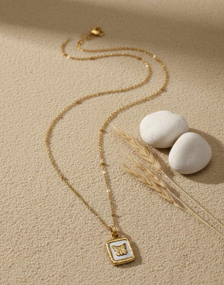 Minimalist White Enamel Butterfly Capsule Necklace | Beaded Chain