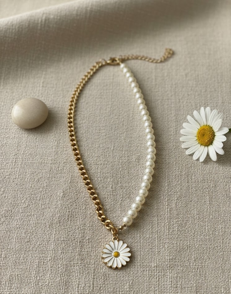 Half Pearl Half Chain Necklace with White Daisy Pendant