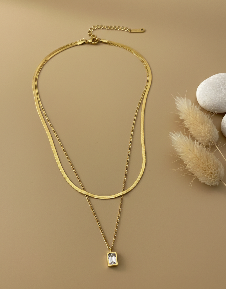 Dual Snake Chain Necklace with Crystal Pendant